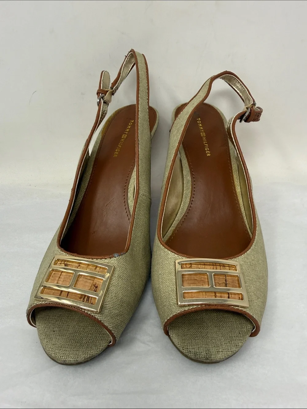 Tommy Hilfiger Linen Cork Wedge Slingback Peep Toe Heels Size 9 Coastal Grandma